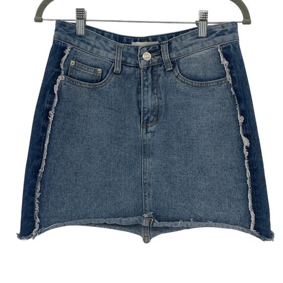 En Creme Y2K Cut Off Denim Mini Skirt Sz S Festival Grunge Distressed Raw Edge - Picture 1 of 9